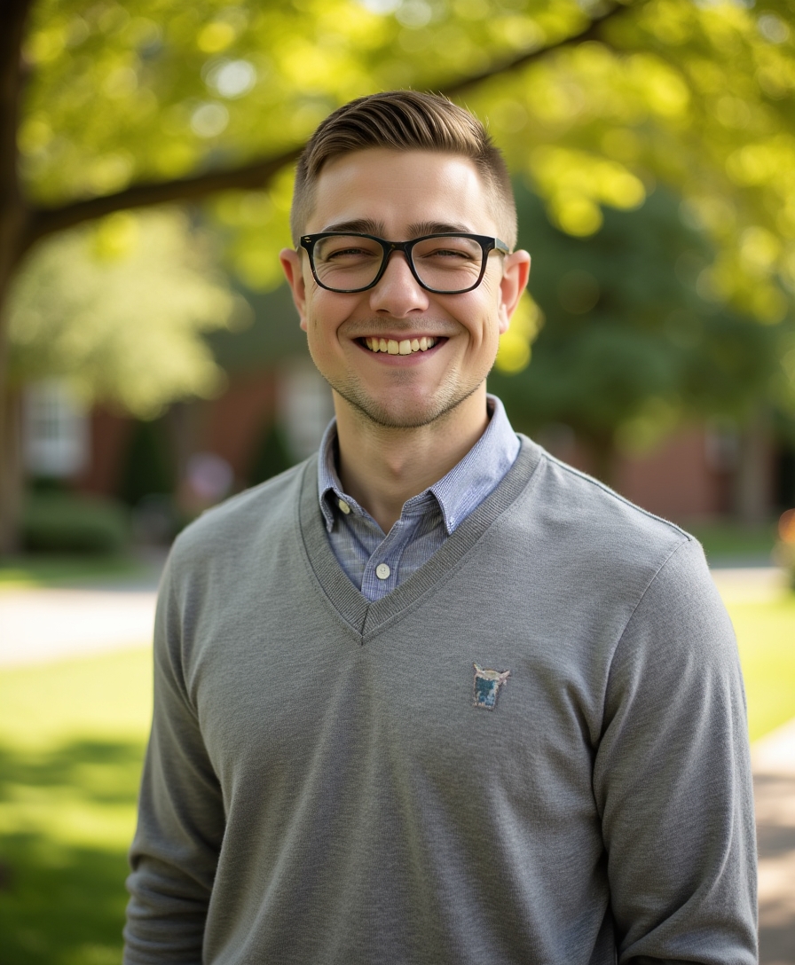 Austin Burgard smiling in a grey sweater vest with black rimmed glasses